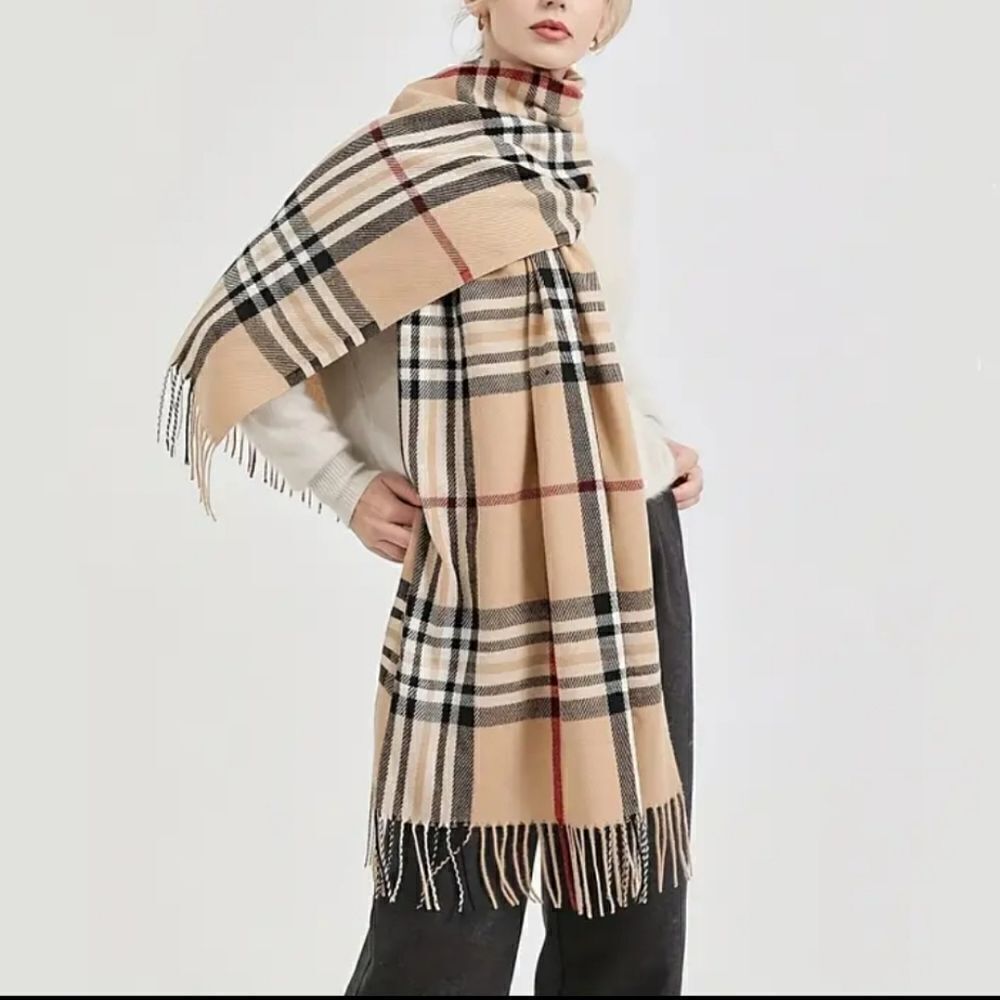 Chic Plaid Fringe Winter Scarf Super Soft Cashmere Feel Polyester